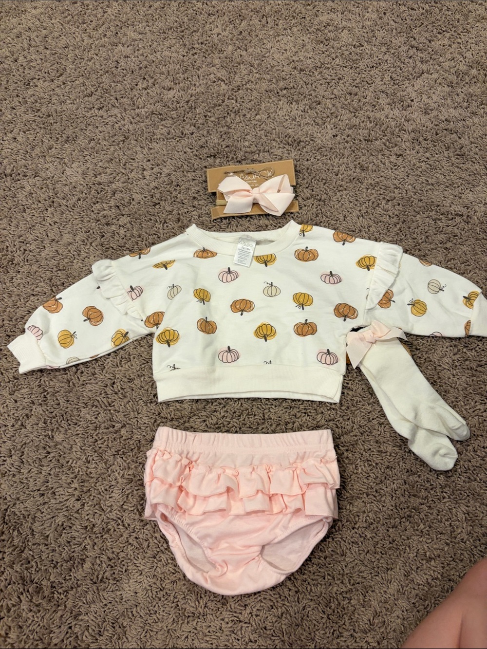 Cream Pumpkin Print Top with Pink Ruffle Bloomers and Pink Bow Headband